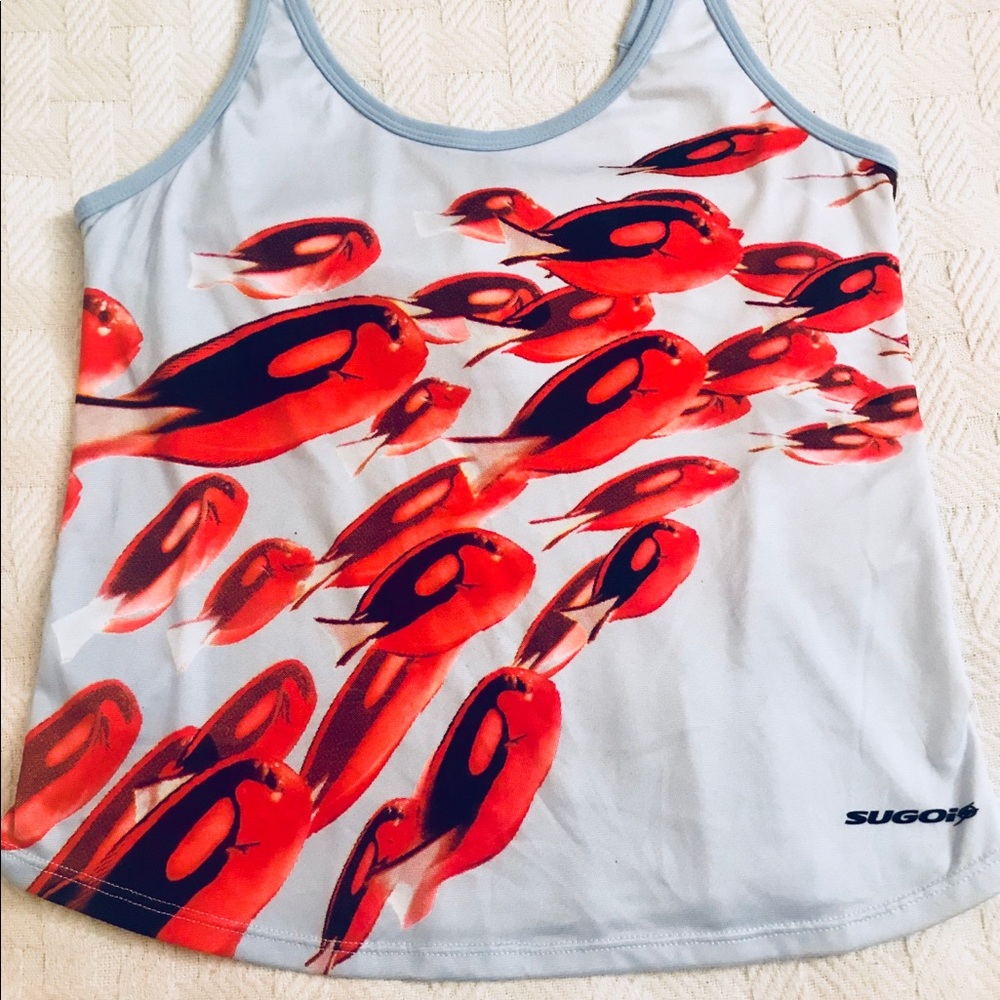 SUGOI Running Top NWOT Lt Blue w/Red Fish Small